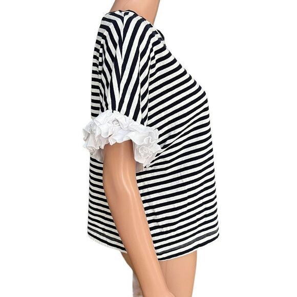 Lumiere striped navy/white ruffle sleeves top cotton/linen size L - Picture 3 of 7